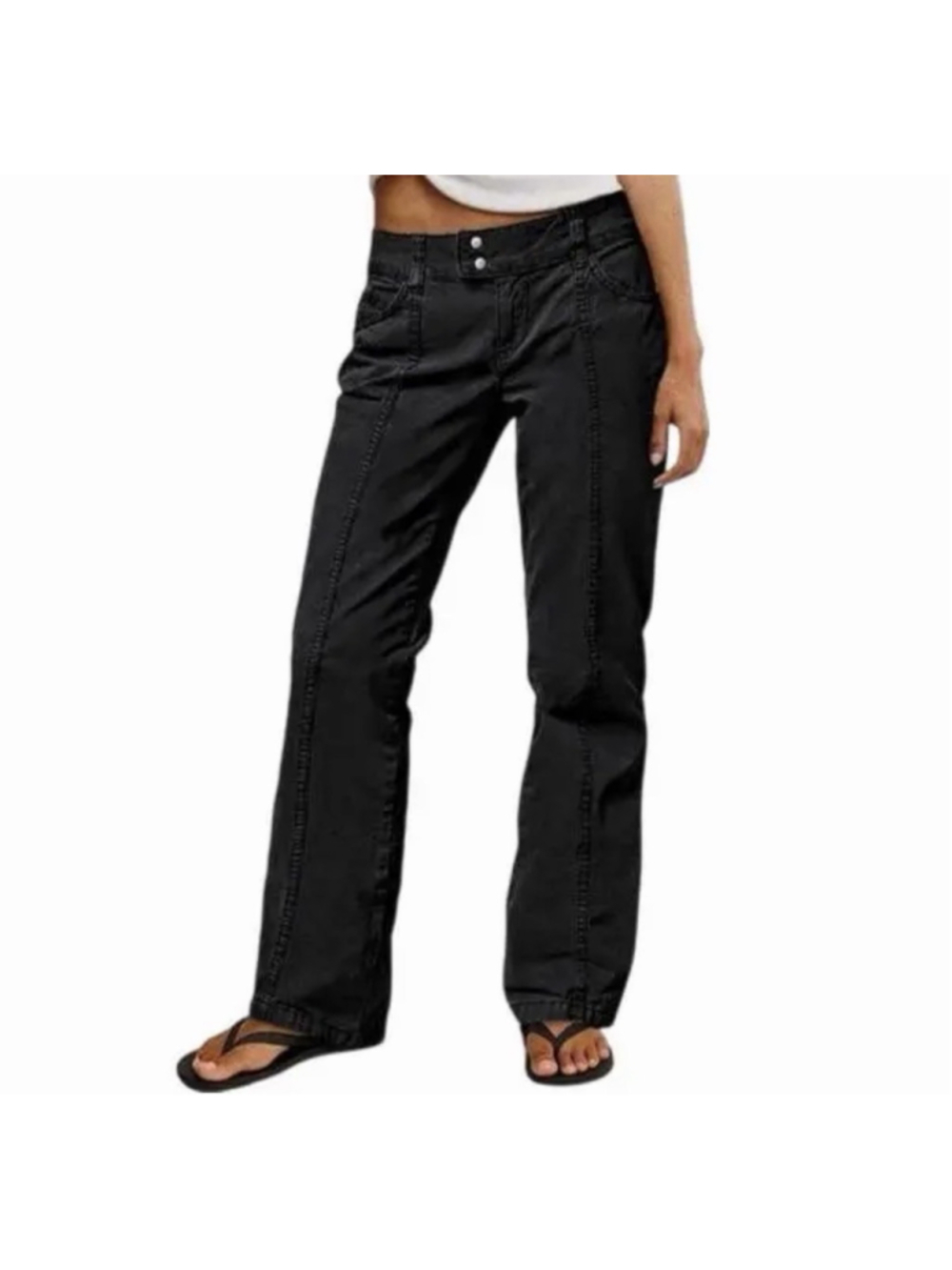 Flamingals Double Button Mid Waist Seam Detail Straight Leg Pants L